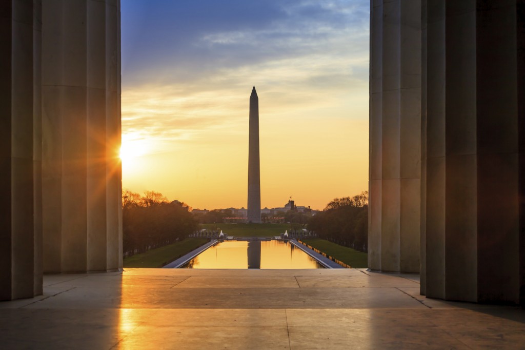 Sunrise from Lincoln Memorial with Washington Monument