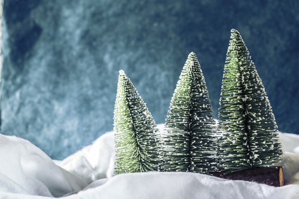 Decorative snow and Christmas trees with blue background