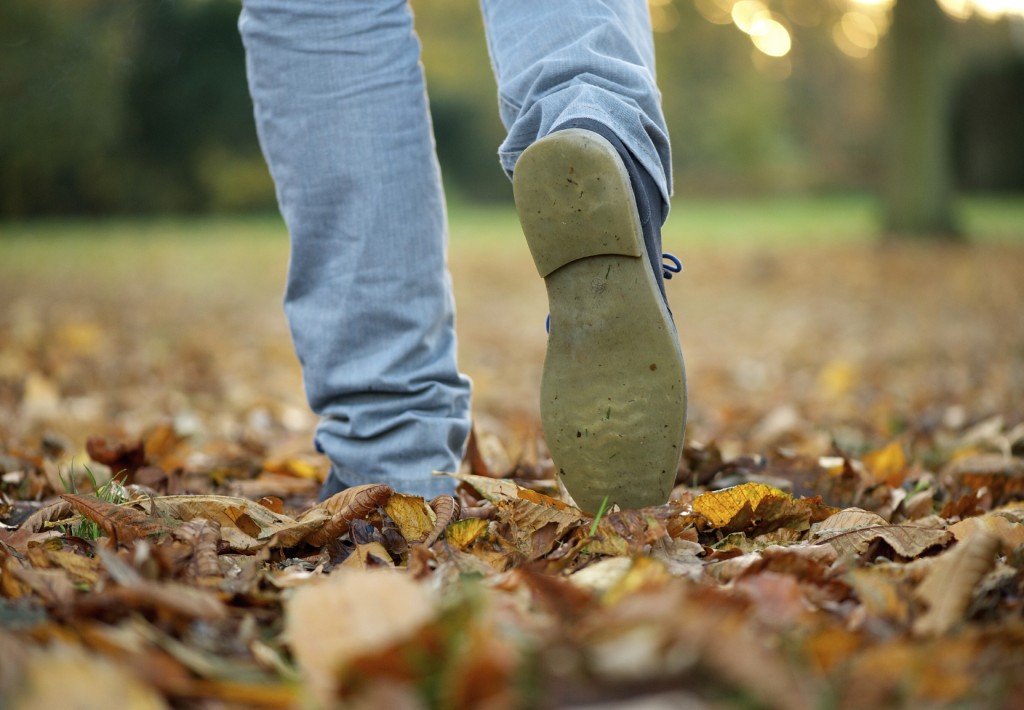 Male walking with boots on autumn leaves