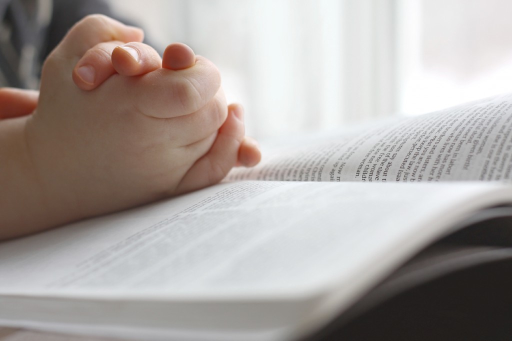 Young Child's Hands Praying on Holy Bible