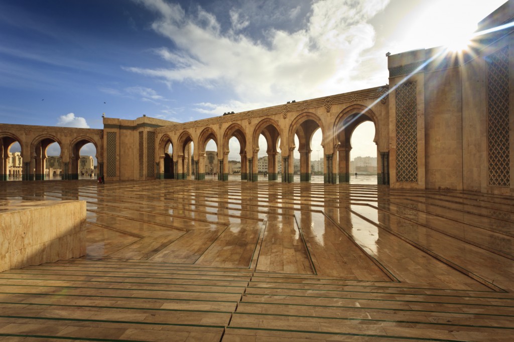 Sparkling marble arcade of Hamman II Mosque on a Sunny Day