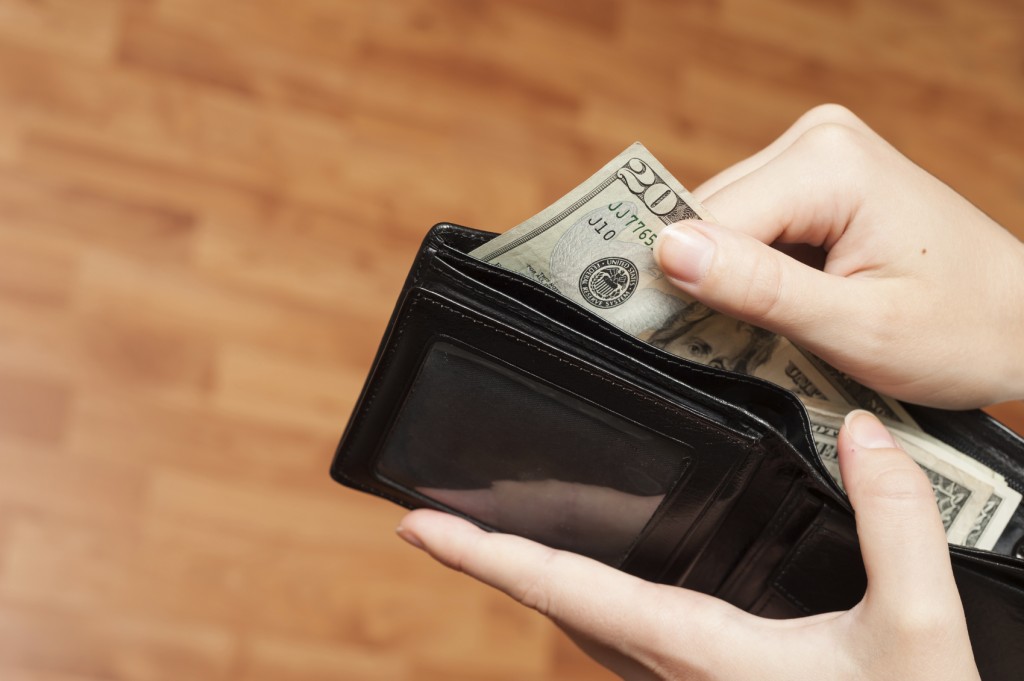 Human hand takes money bills from wallet closeup