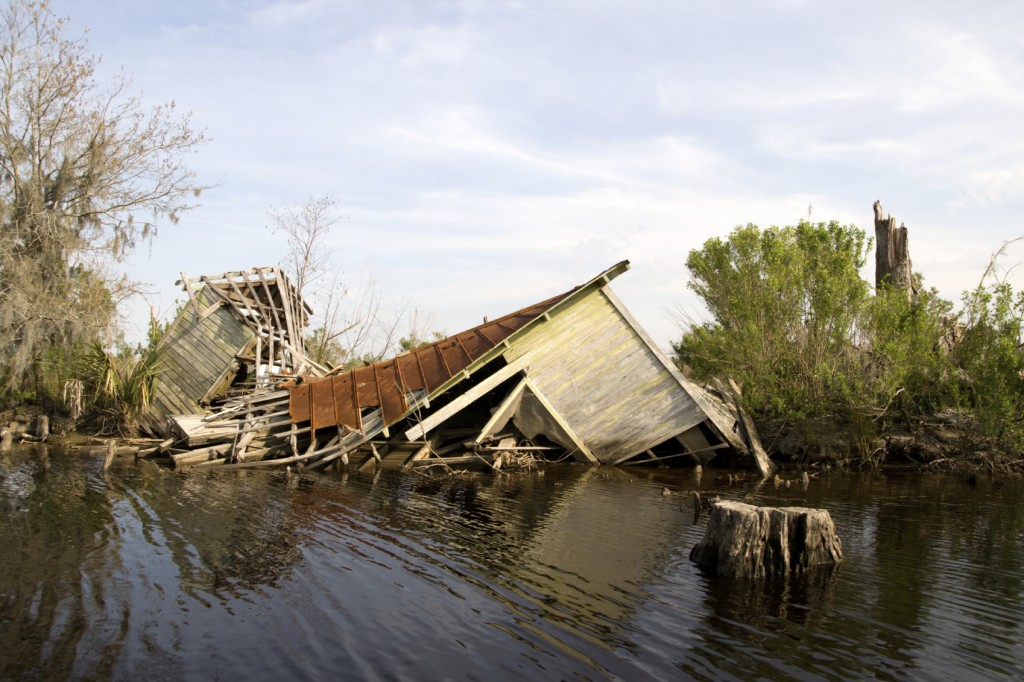 This fishing camp collapsed when the storm surge of Hurricane Katrina flooded the Manchac Swamp,