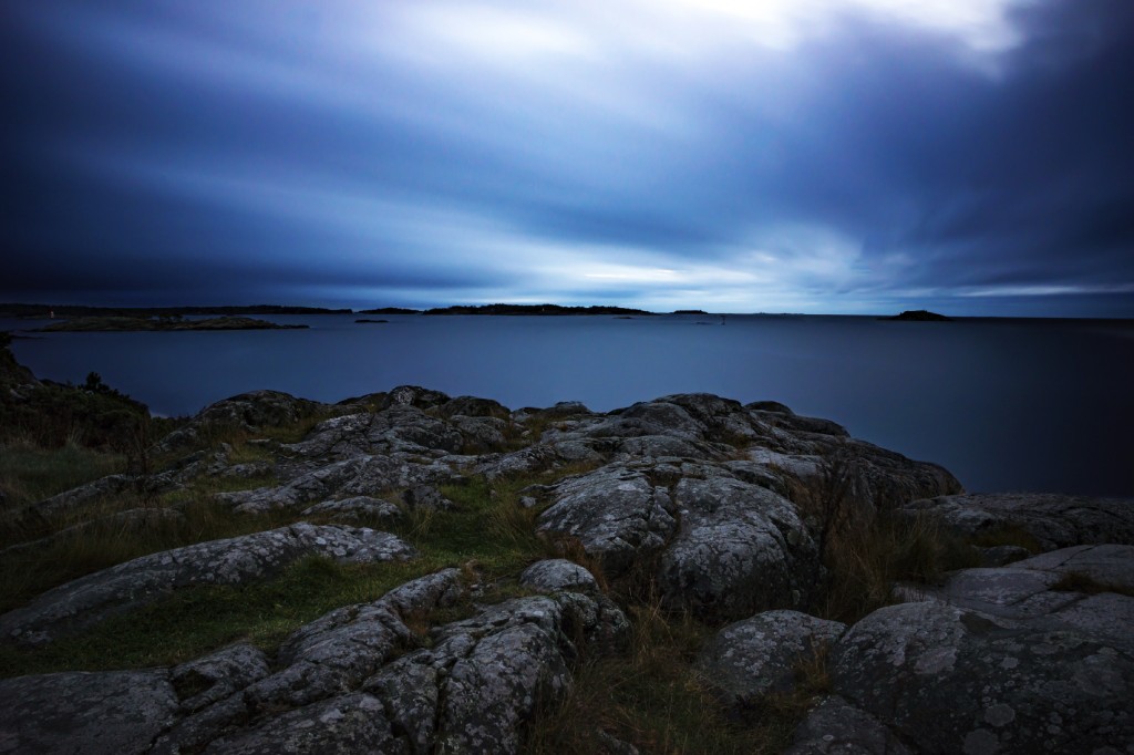 View from cliff by the baltic sea archipelago in dusk. Longe exposure