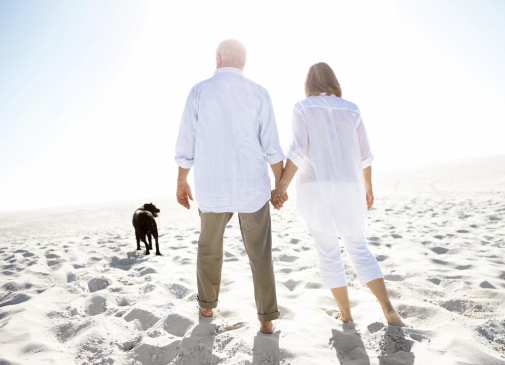 A mature couple holding hands and walking on the beach with their dog