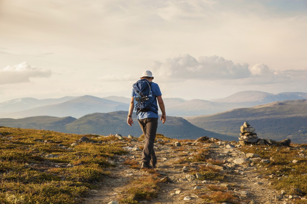 hiker with backpack travelling in Norway mountains Dovre