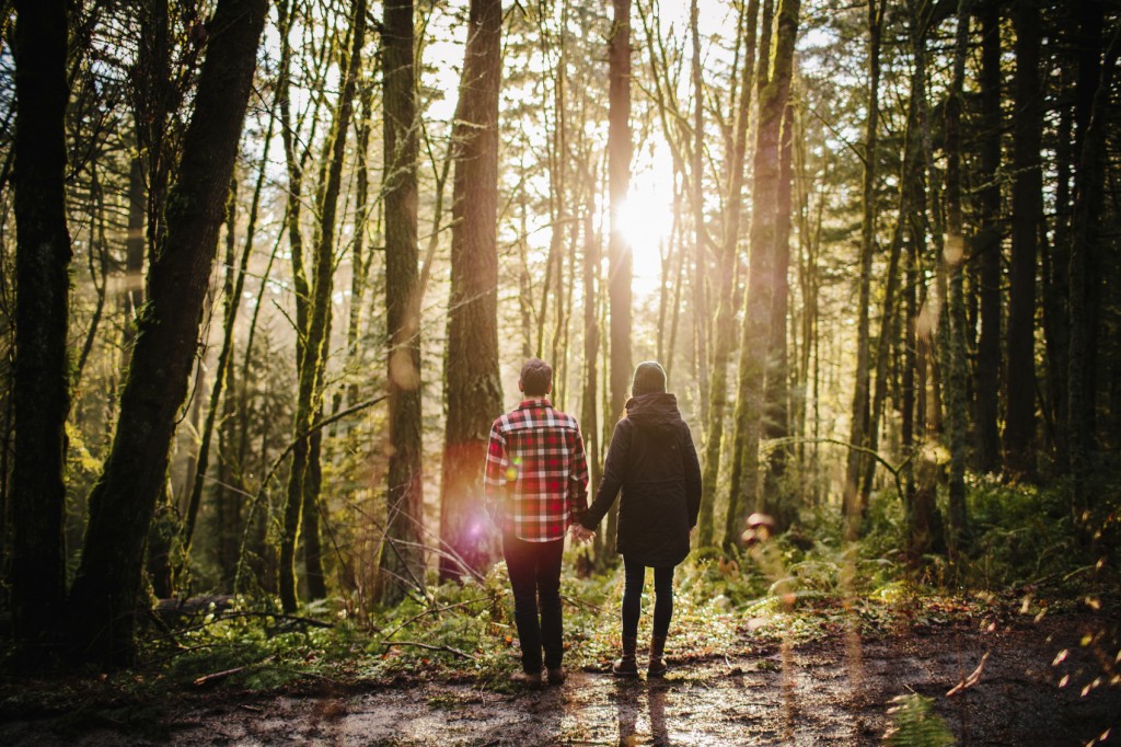 Couple holding hands in the forest
