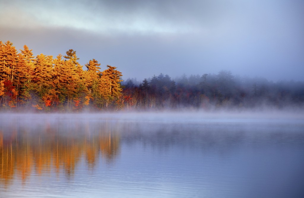 Autumn light illuminating a foogy lake in the White Mountains National Forest in New Hampshire
