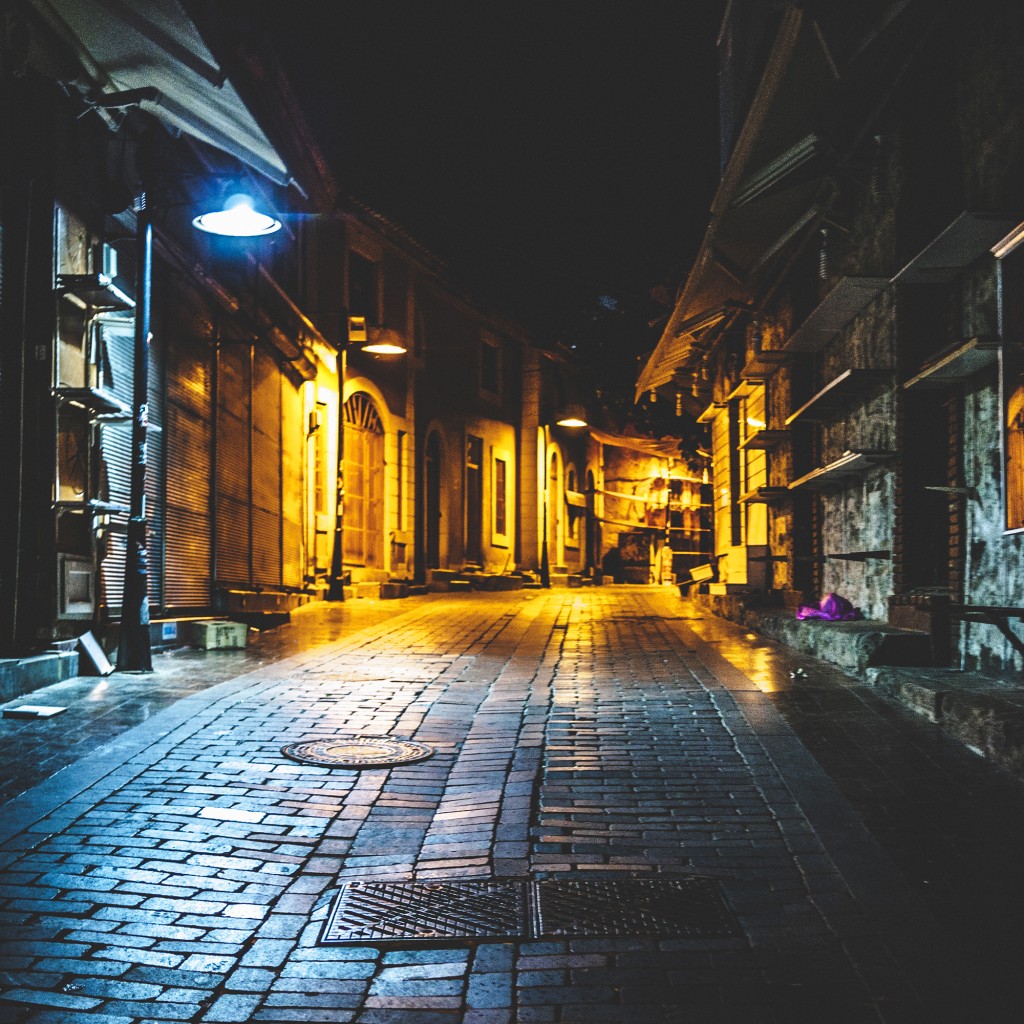 Old town shopping streets by night.