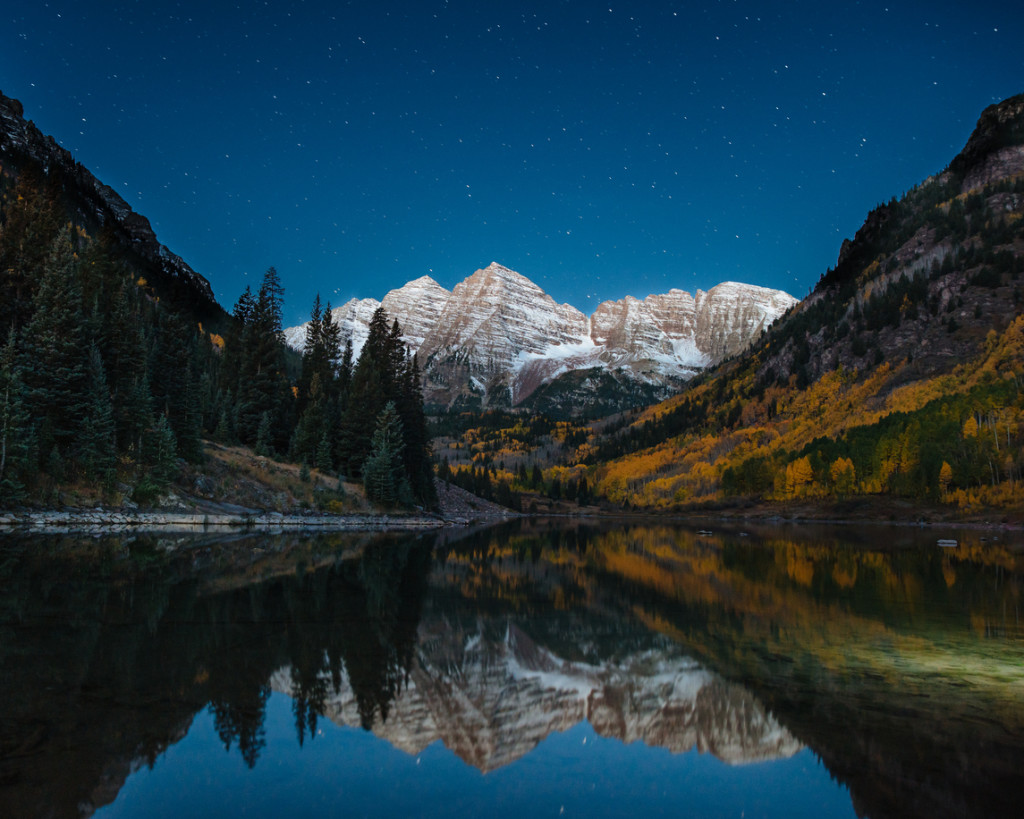 Maroon Bells Nightscape with fall colors.