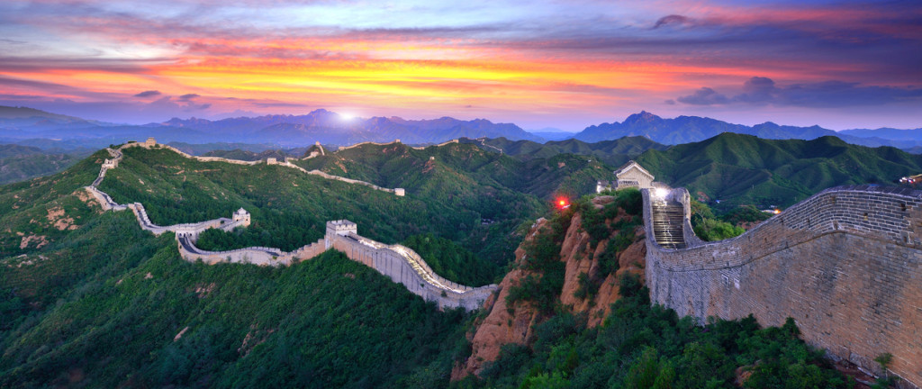 The great wall of China at sunset.