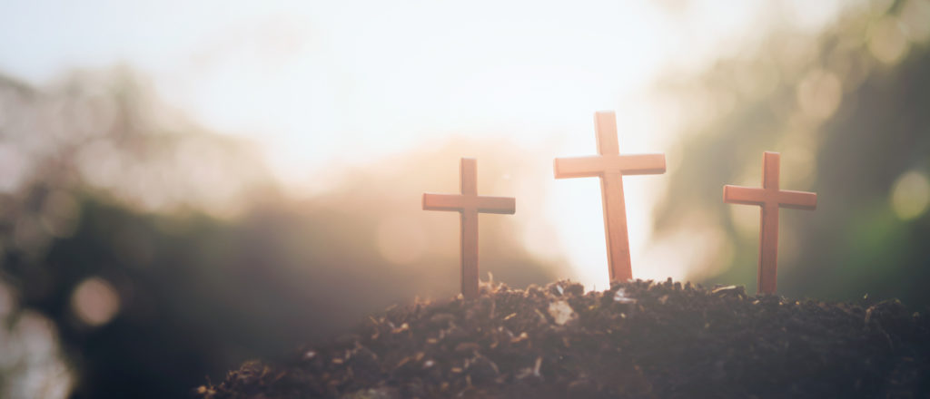 Three crosses. Easter , Christianity copyspace background.