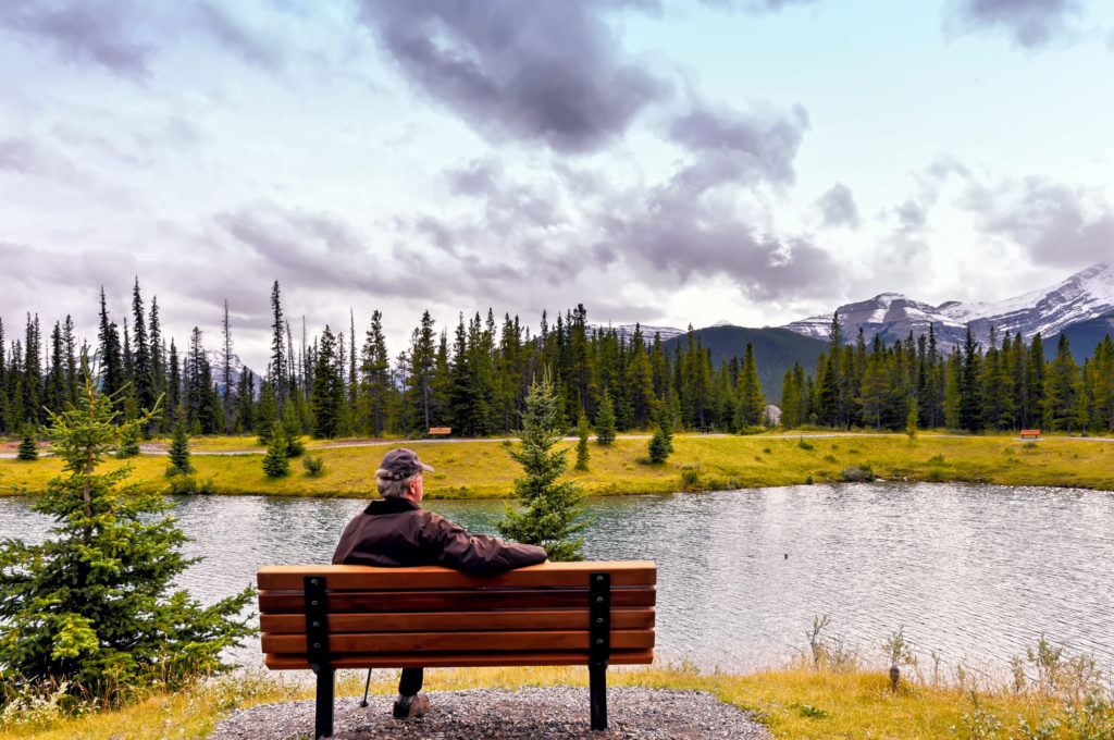 Rear view of a caucasian senior man sitting on a wooden bench and admiring the landscape with coniferous trees and mountains, surrounding the Forget-Me-Not pond in Kananaskis Country, Alberta,Canada.