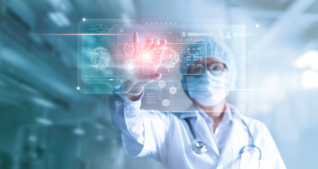 Doctor, surgeon analyzing patient brain testing result and human anatomy on technological digital futuristic virtual computer interface, digital holographic, innovative in science and medicine concept
