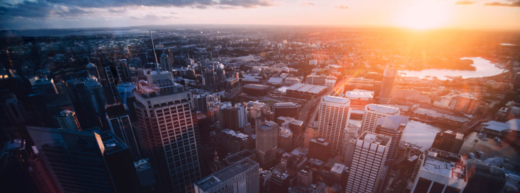 View of Sydney skyscrapers from above during sunrise