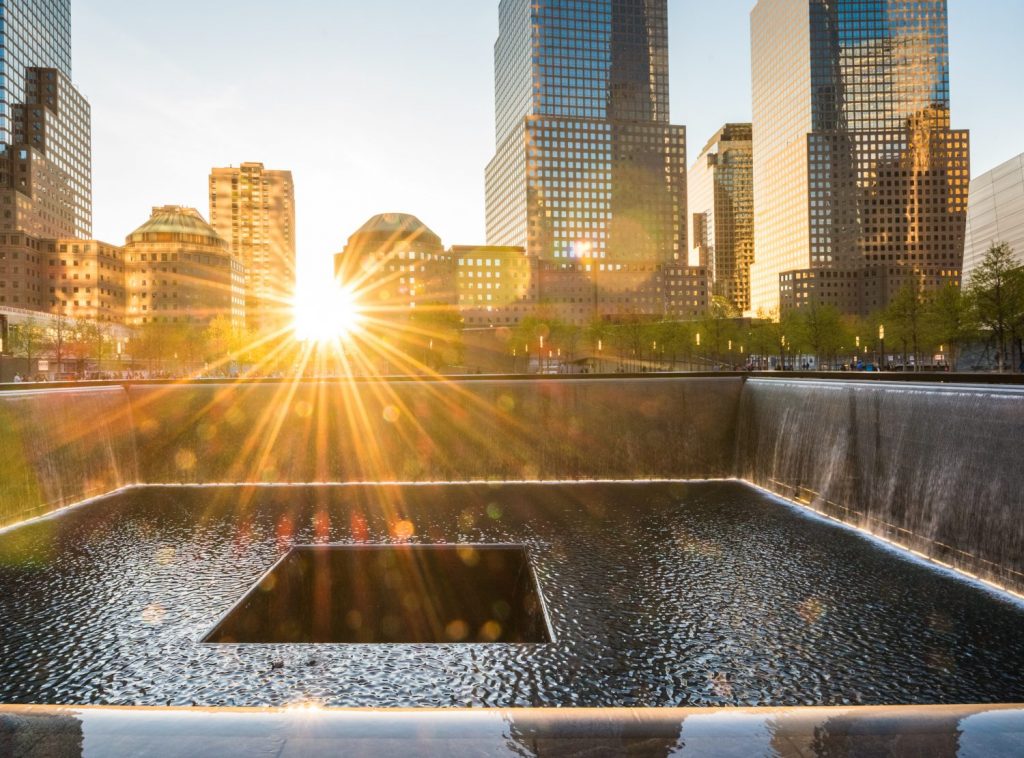 The World Trade Center memorial in New York City financial district.