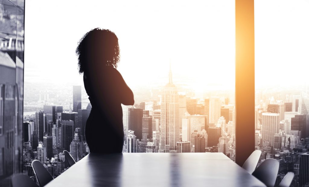 Silhouetted shot of a young businesswoman looking at a cityscape from an office window with focus, considering what her purpose is.